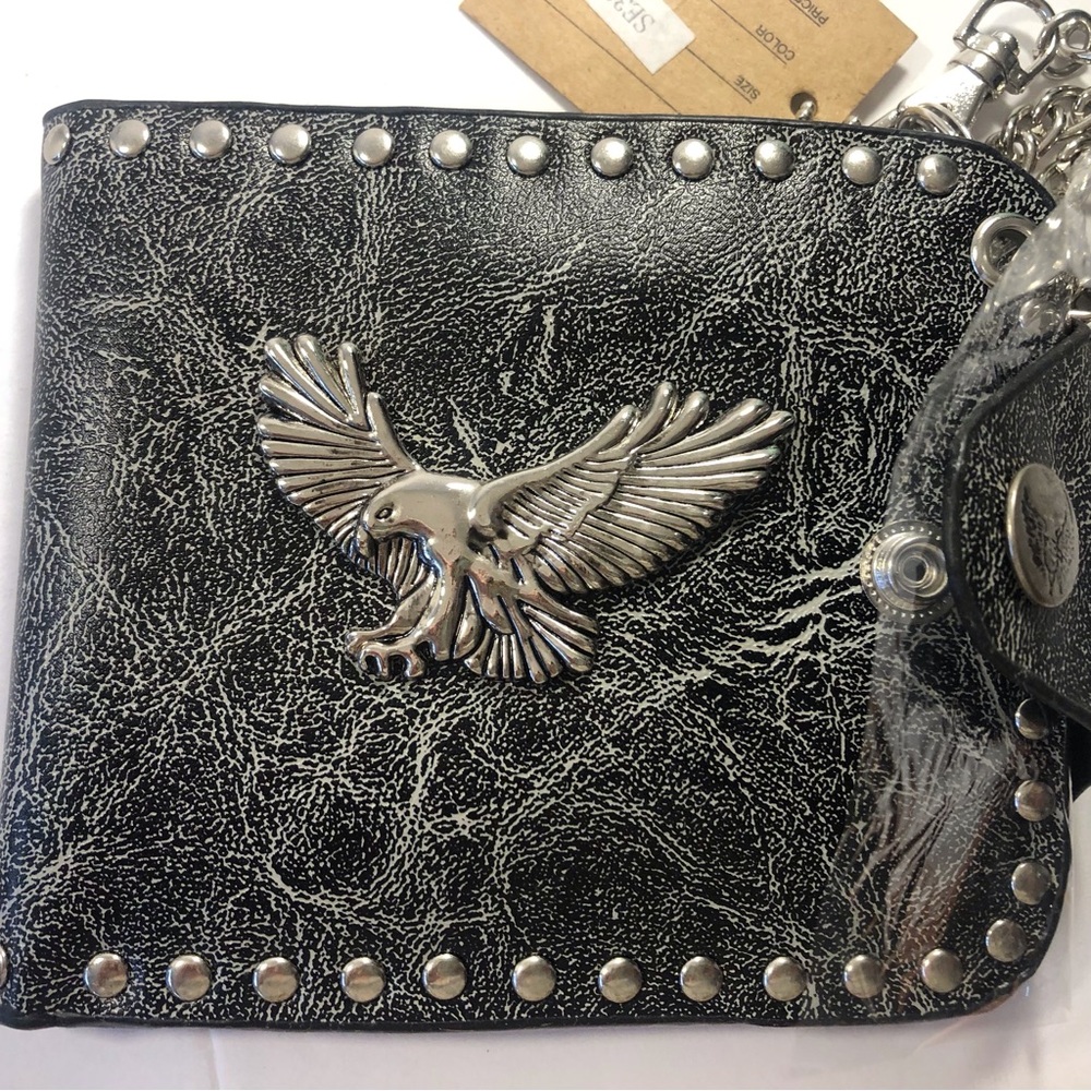 0027 leather wallet, gray/black studded eagle